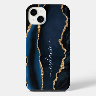 Agate Blue Gold Glitter Marble Gemstone Your Name iPhone 14 Plus Case