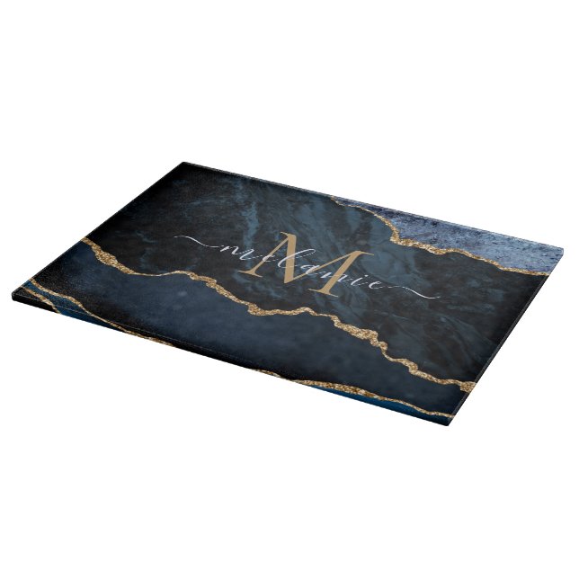 Agate Blue Gold Marble Custom Name Cutting Board (Corner)