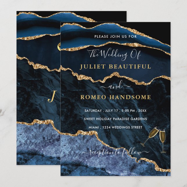 Agate Blue Gold Rings Luxury Wedding Invitation (Front/Back)