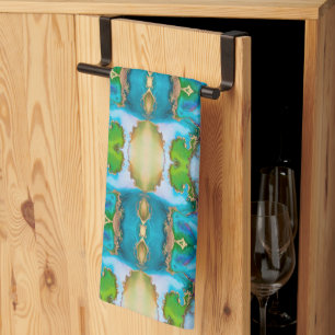 Agate Blue Green Gold Watercolor Kitchen Towel
