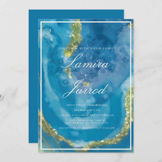 Agate Blue Hand Watercolor Faux Gold Wedding Invitation (Front/Back)