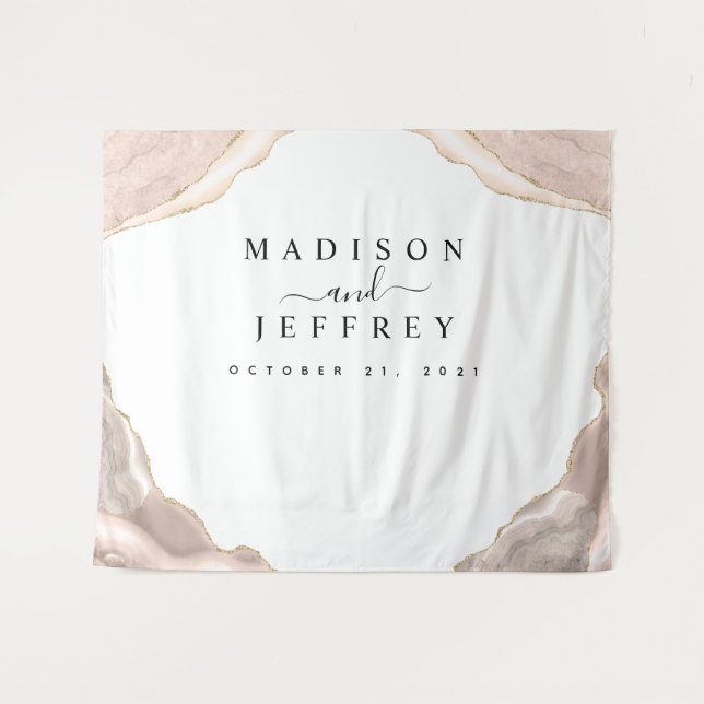 Agate Blush & Gold Glitter Wedding Backdrop Tapestry (Front (Horizontal))