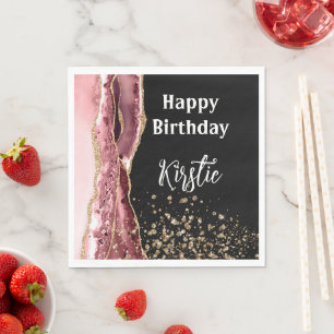Agate Blush Pink Black Rose Gold Glitter Birthday Napkin