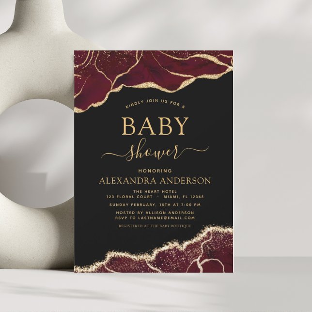 Agate Bourgogne Baby shower Gold Invitation (Créateur téléchargé)