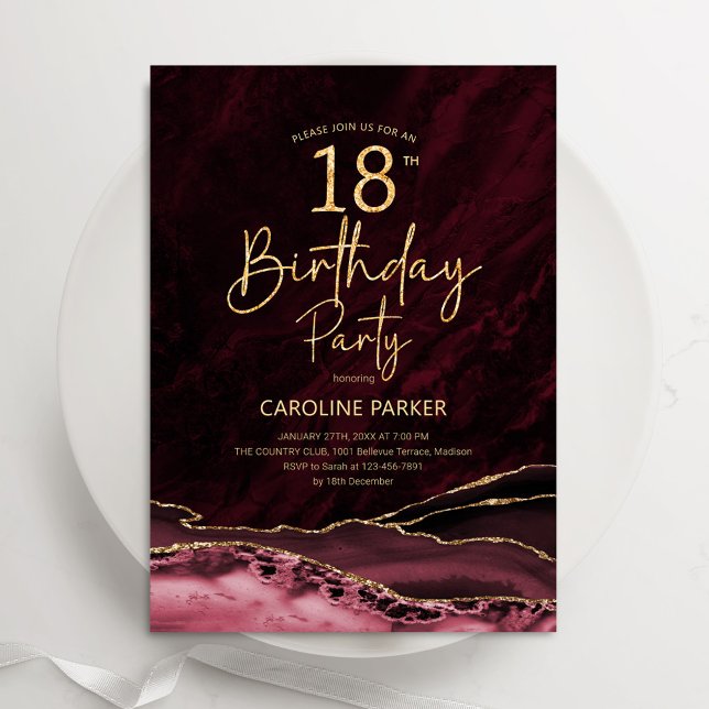 Agate Burgundy Gold 18th Birthday Invitation (Creator Uploaded)