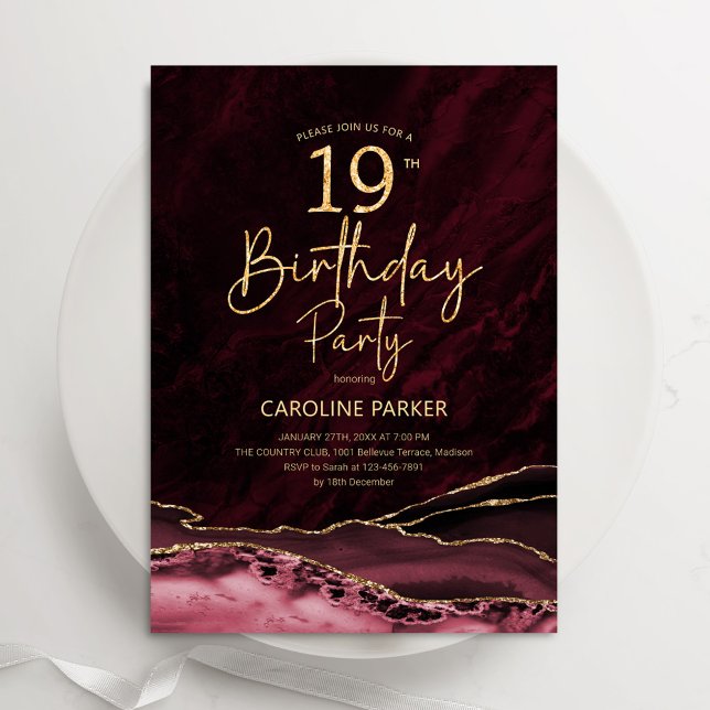 Agate Burgundy Gold 19th Birthday Invitation (Creator Uploaded)