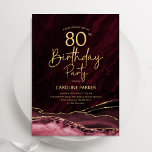 Agate Burgundy Gold 80th Birthday Invitation<br><div class="desc">Burgundy and gold agate 80th birthday party invitation. Elegant modern design featuring dark red marsala wine watercolor agate marble geode background,  faux glitter gold and typography script font. Trendy invite card perfect for a stylish women's bday celebration. Printed Zazzle invitations or instant download digital printable template.</div>