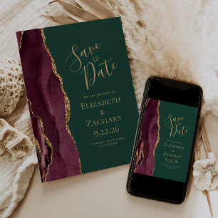 Agate Burgundy Gold Emerald Green Save the Date Announcement