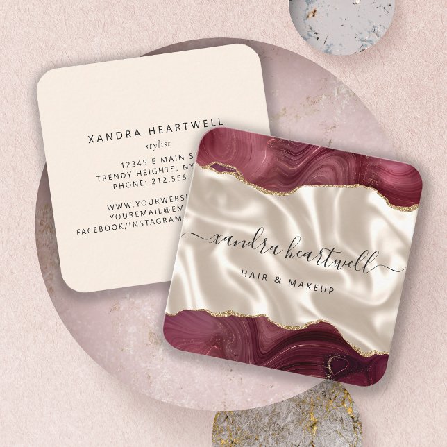 Agate Burgundy Gold Glitter Ivory Silk Square Business Card (Creator Uploaded)