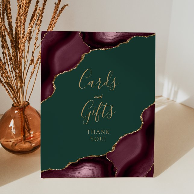 Agate Burgundy Gold Green Wedding Cards and Gifts Pedestal Sign (Creator Uploaded)