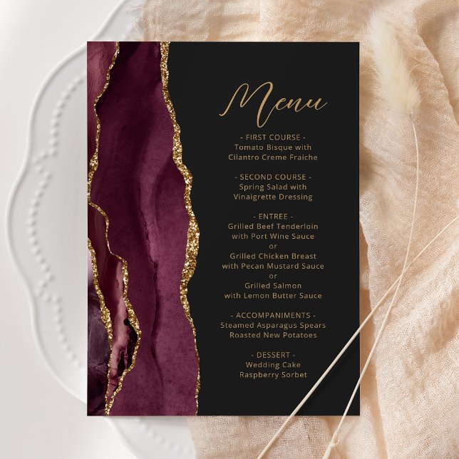 Agate Burgundy Gold Script Dark Wedding Menu (Creator Uploaded)