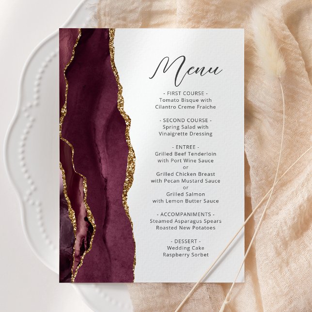 Agate Burgundy Gold Script Wedding Menu (Creator Uploaded)
