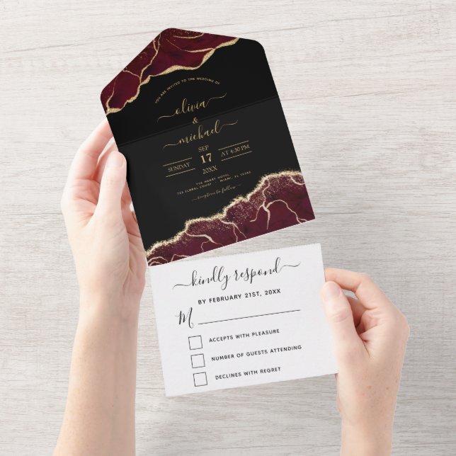 Agate Burgundy Gold Wedding Elegant Modern All In One Invitation (Tearaway)