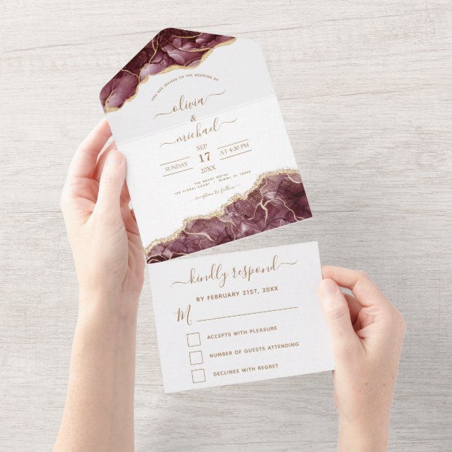 Agate Burgundy Gold Wedding Elegant Modern RSVP All In One Invitation (Tearaway)