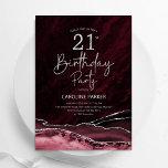 Agate Burgundy Silver 21st Birthday Invitation<br><div class="desc">Burgundy and silver agate 21st birthday party invitation. Elegant modern design featuring marsala wine dark red watercolor agate marble geode background,  faux glitter silver and typography script font. Trendy invite card perfect for a stylish women's bday celebration. Printed Zazzle invitations or instant download digital printable template.</div>