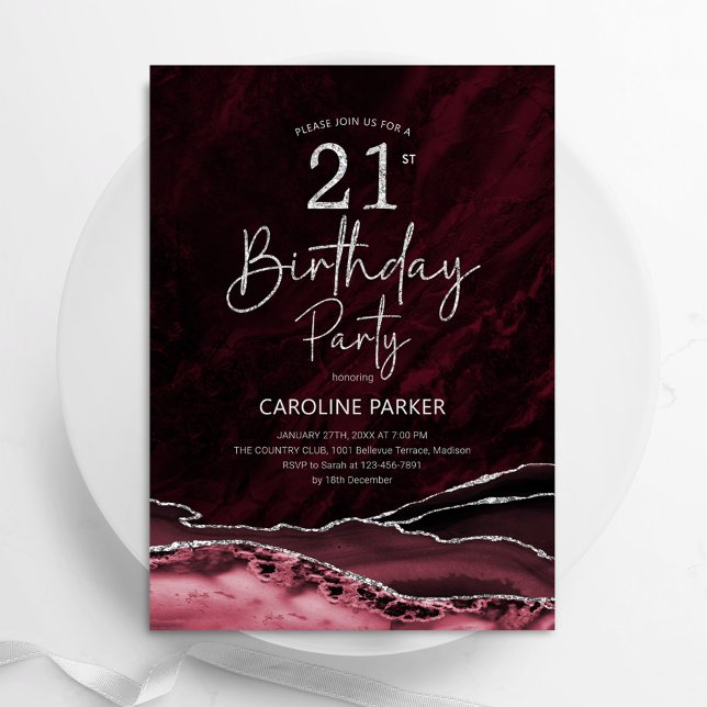 Agate Burgundy Silver 21st Birthday Invitation (Creator Uploaded)