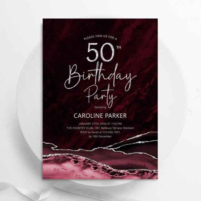 Agate Burgundy Silver 50th Birthday Invitation (Creator Uploaded)