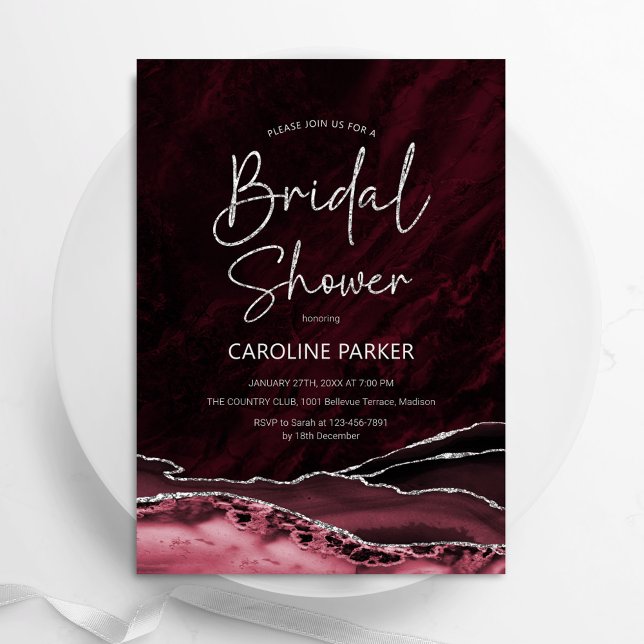 Agate Burgundy Silver Bridal Shower Invitation (Creator Uploaded)