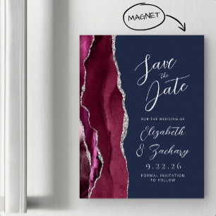 Agate Burgundy Silver Navy Wedding Save the Date Magnetic Invitation