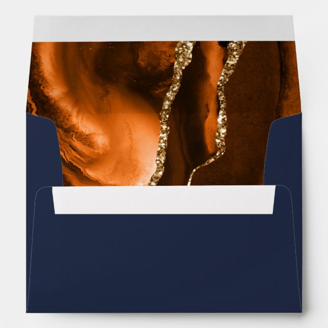 Agate Burnt Orange Gold Navy Blue Script Wedding Envelope (Back (Bottom))