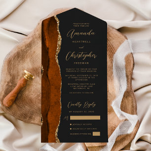 Agate Burnt Orange Gold Script Dark All In One Invitation