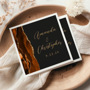 Agate Burnt Orange Gold Script Dark Wedding Napkin