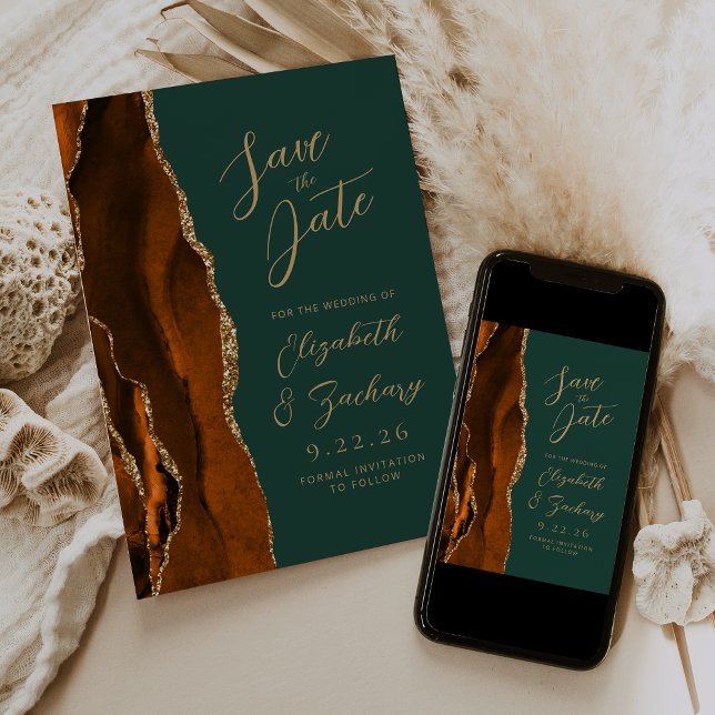 Agate Burnt Orange Gold Script Green Wedding Save Save The Date (Creator Uploaded)