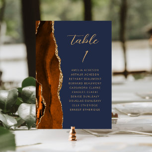 Agate Burnt Orange Gold Script Navy Blue Wedding Table Number