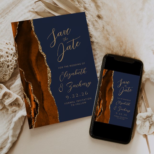 Agate Burnt Orange Gold Script Navy Wedding Save Save The Date (Creator Uploaded)