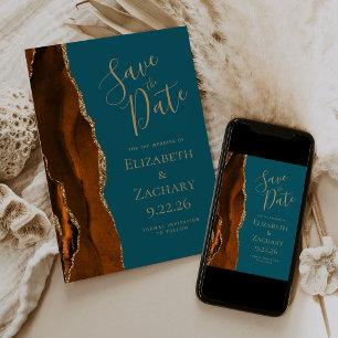 Agate Burnt Orange Gold Teal Photo Save the Date Invitation