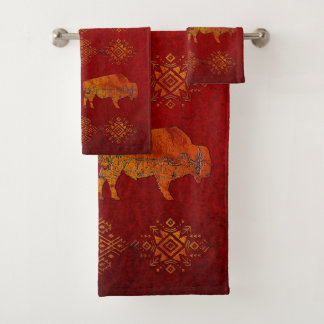 Agate Carved Buffalo with Desert Scene Graphic Bath Towel Set