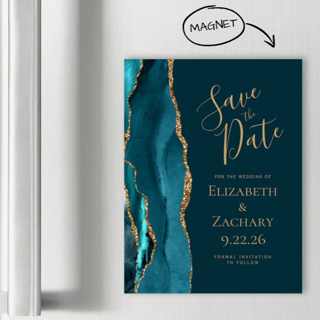 Agate Dark Teal Blue Gold Magnetic Save the Date (Creator Uploaded)