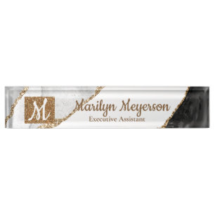 Agate Desk Name Plate Black and White Gold Glitter