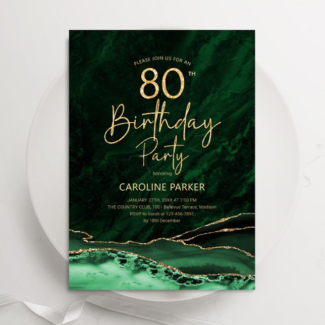Agate Emerald Green Gold 80th Birthday Invitation (Creator Uploaded)