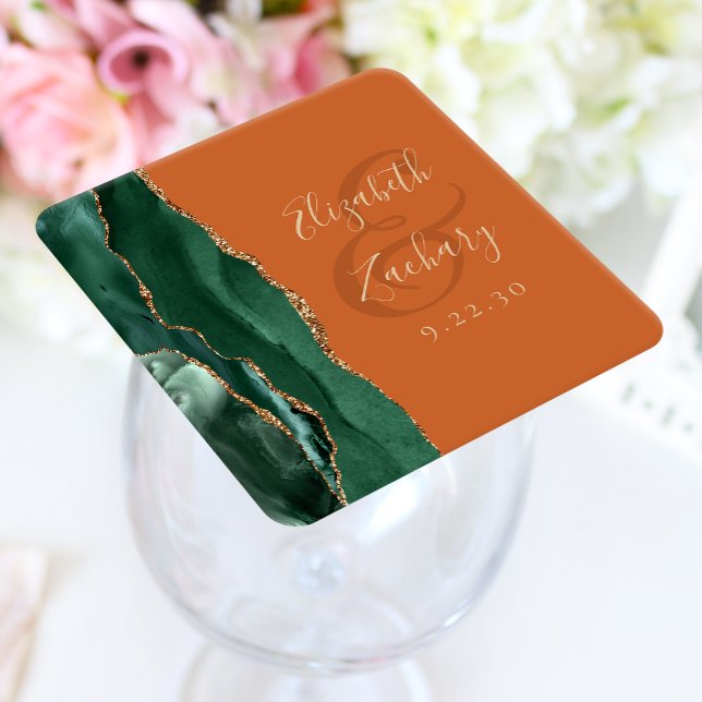 Agate Emerald Green Gold Burnt Orange Wedding Square Paper Coaster (Creator Uploaded)