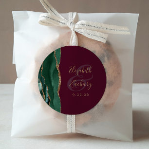 Agate Emerald Green Gold Script Burgundy Wedding Classic Round Sticker