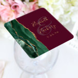 Agate Emerald Green Gold Script Burgundy Wedding Square Paper Coaster<br><div class="desc">This elegant modern wedding coaster features an emerald green watercolor agate geode design trimmed with faux gold glitter. Easily customize the gold-coloured text on a burgundy red background,  with the names of the bride and groom in handwriting calligraphy over a large ampersand.</div>