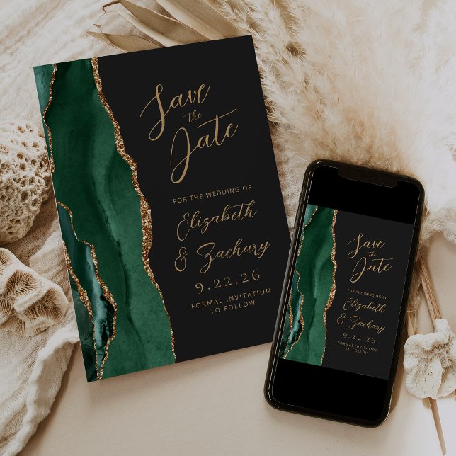 Agate Emerald Green Gold Script Dark Wedding Save The Date (Creator Uploaded)