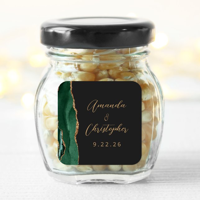 Agate Emerald Green Gold Script Dark Wedding Square Sticker (Creator Uploaded)