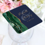 Agate Emerald Green Gold Script Navy Blue Wedding Square Paper Coaster<br><div class="desc">This elegant modern wedding coaster features an emerald green watercolor agate geode design trimmed with faux gold glitter. Easily customize the gold-coloured text on a navy blue background,  with the names of the bride and groom in handwriting calligraphy over a large ampersand.</div>