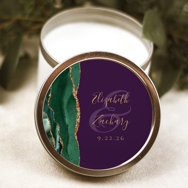 Agate Emerald Green Gold Script Purple Wedding Classic Round Sticker (Creator Uploaded)