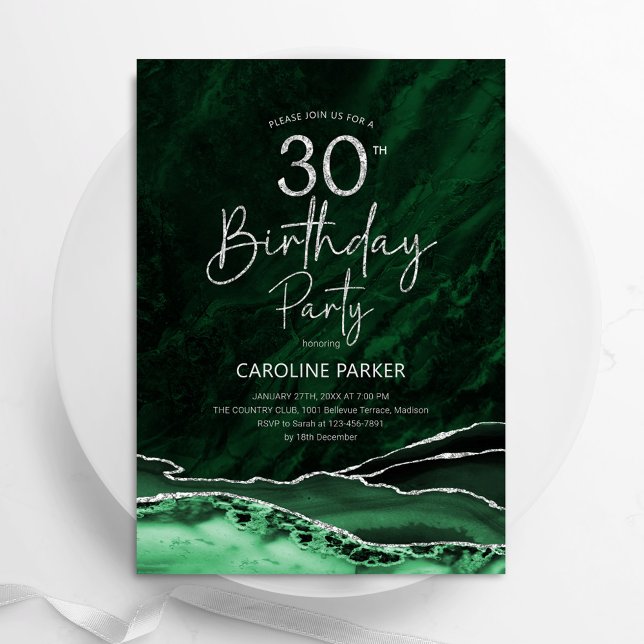 Agate Emerald Green Silver 30th Birthday Invitation (Creator Uploaded)