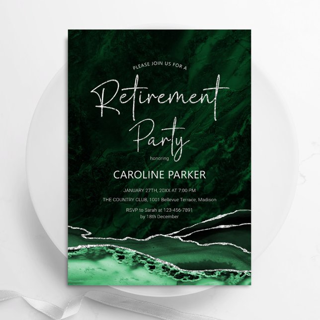 Agate Emerald Green Silver Retirement Party Invitation (Creator Uploaded)