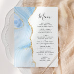 Agate Geode Baby Blue Gold Glitter Wedding Menu<br><div class="desc">The left-hand edge of this elegant modern wedding menu features a baby blue watercolor agate border trimmed with faux gold glitter. The customizable text combines handwriting script and copperplate fonts in charcoal grey on a white background. The reverse side features a matching baby blue and gold agate design.</div>