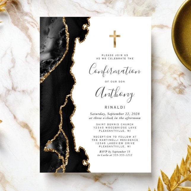 Agate Geode Black Gold Glitter Confirmation Invitation (Creator Uploaded)