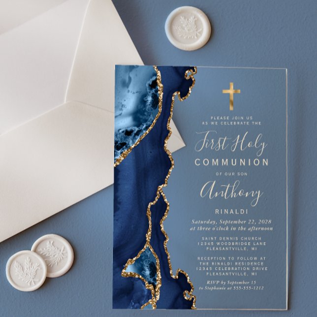 Agate Geode Blue Gold Text First Holy Communion Acrylic Invitations (Creator Uploaded)