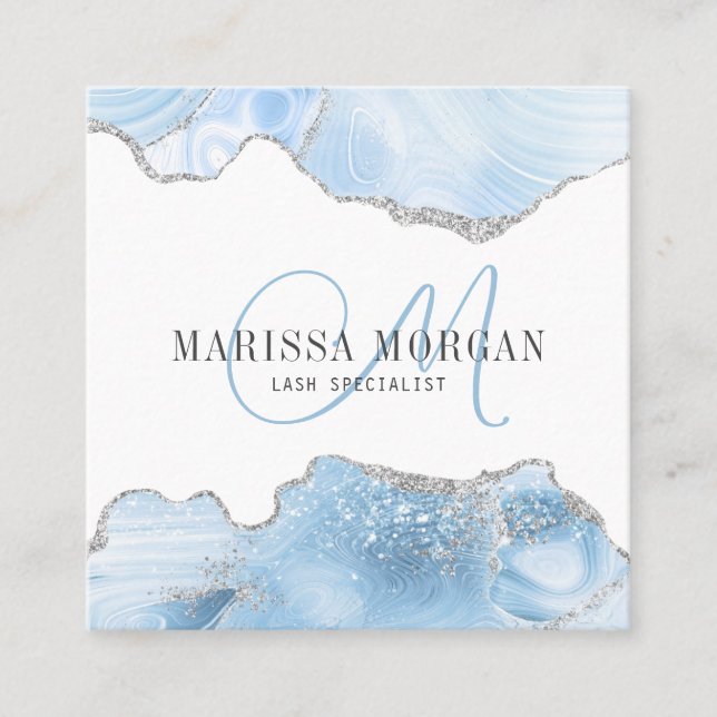 Agate Geode Blue Monogram Lash Specialist Square Business Card (Front)