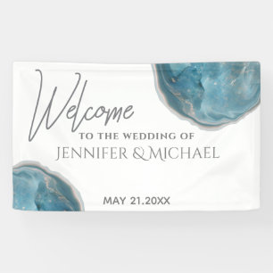 Agate geode blue rose gold calligraphy wedding banner
