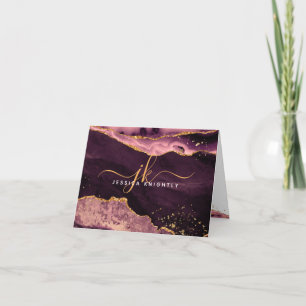Agate Geode Burgundy Gold Glitter Monogram Script Note Card