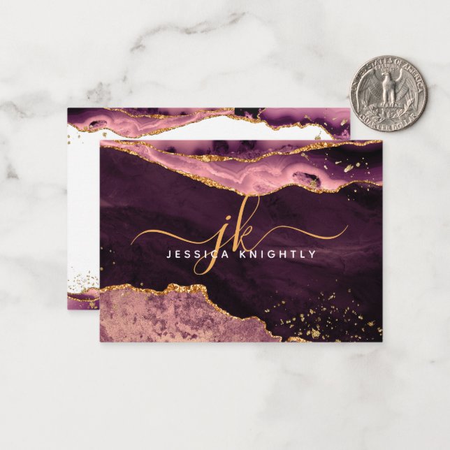 Agate Geode Burgundy Gold Glitter Script Monogram Card (Front/Back In Situ)